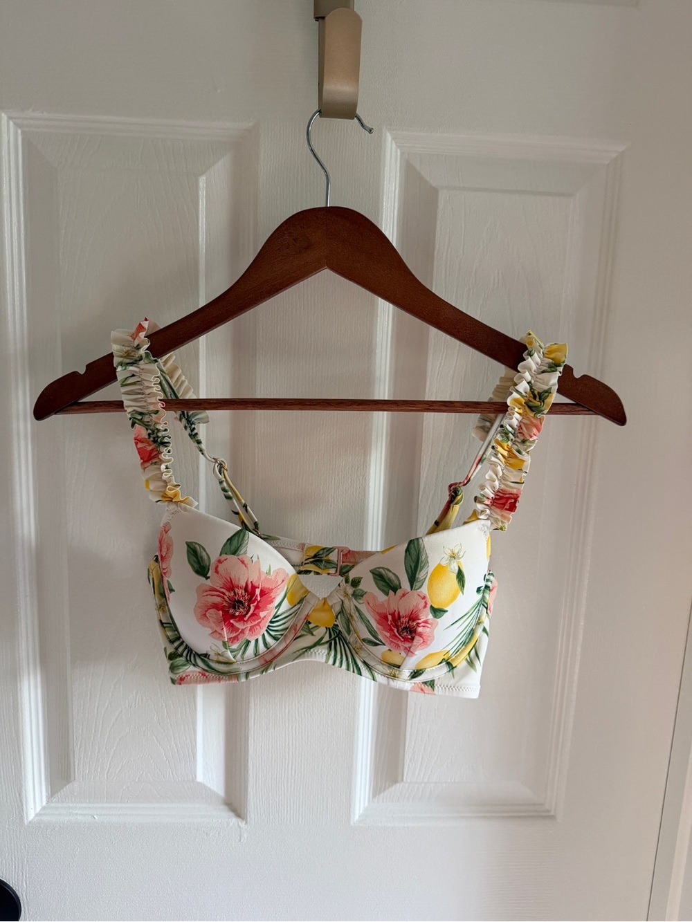 Shade & Shore White Floral & Lemon Ruffle Strap Bikini Top